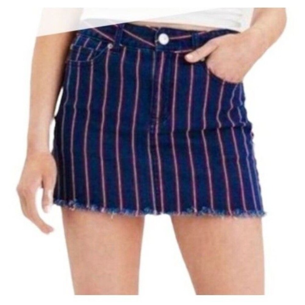 American Eagle Denim Mini Skirt Women 14 Blue Red Stripe Raw Hem Boho Y2K